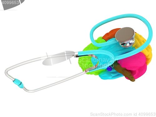 Image of stethoscope and brain. 3d illustration