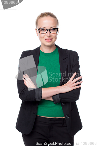 Image of Business woman standing with arms crossed against white background..