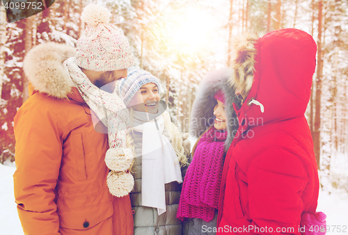 Image of group of smiling men and women in winter forest