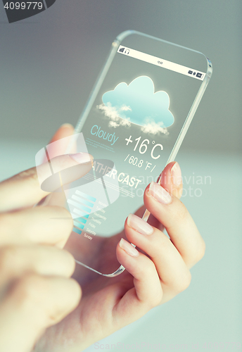 Image of close up of hands with weather cast on smartphone