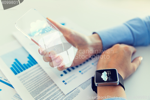 Image of hand with weather app on smartphone and smartwatch