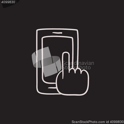 Image of Finger pointing at smart phone sketch icon.