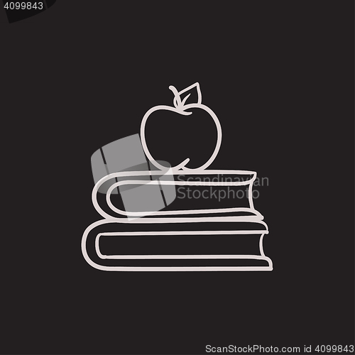 Image of Books and apple on top sketch icon.