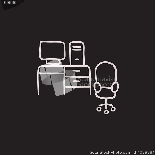 Image of Computer set with table and chair sketch icon.