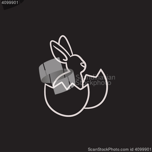 Image of Easter bunny sitting in egg shell sketch icon.