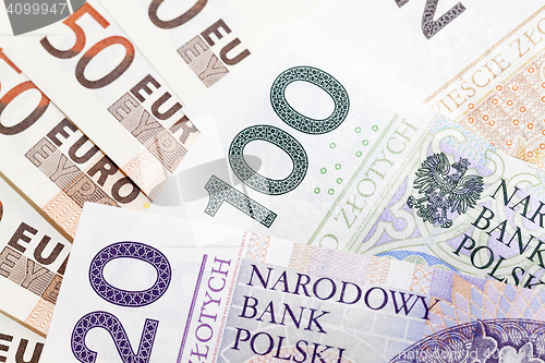 Image of Polish zloty and euro closeup