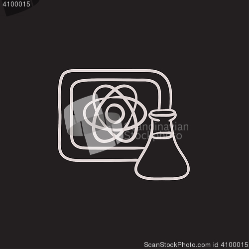 Image of Atom sign drawn on board and flask sketch icon.