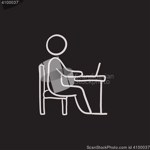 Image of Businessman working on laptop sketch icon.