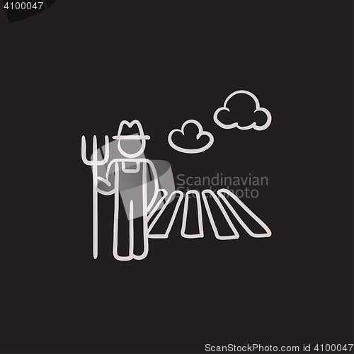 Image of Farmer with pitchfork at field sketch icon.