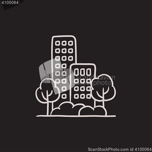 Image of Residential building with trees sketch icon.