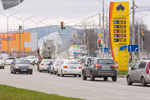 Image of Anapa, Russia - November 16, 2016: Refills Stand oil company Rosneft with fuel near the road prices with gasoline prices