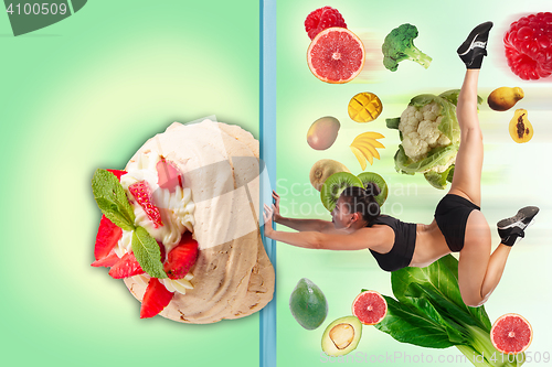 Image of The collage of young beautiful woman with healthy and harmful meal