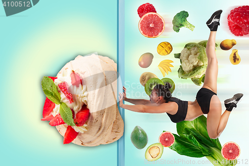 Image of The collage of young beautiful woman with healthy and harmful meal