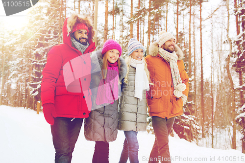 Image of group of smiling men and women in winter forest