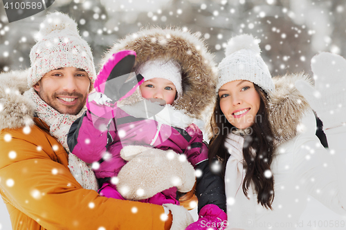 Image of happy family waving hands outdoors in winter