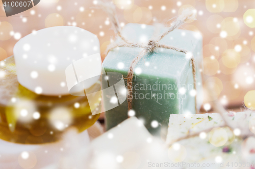 Image of close up of handmade soap bars on wood