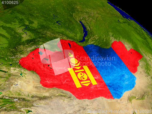 Image of Mongolia with flag on Earth
