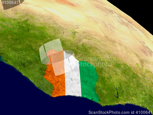 Image of Ivory Coast with flag on Earth