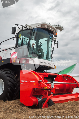 Image of New harvester stands on an exhibition platform