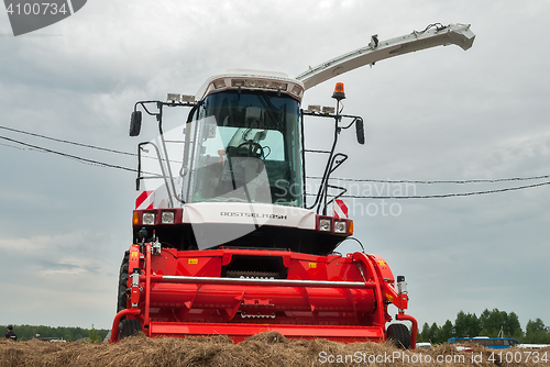 Image of New harvester stands on an exhibition platform