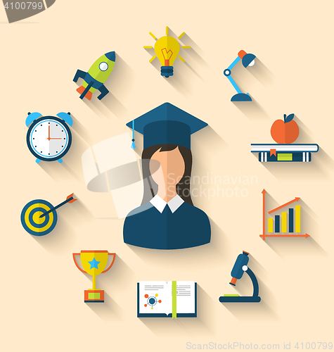 Image of Flat icons of graduation and objects for high school and college