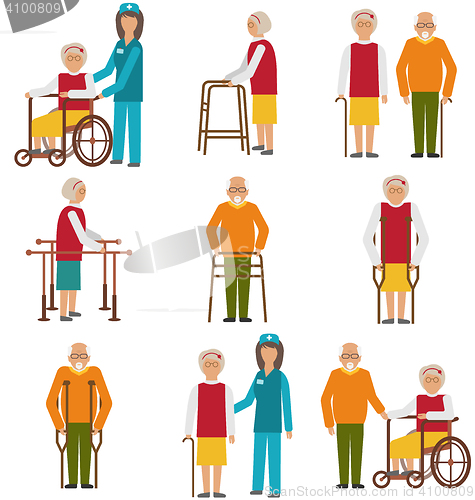 Image of Set of Older People Disabled. Elderly People in Different Situations with Caregivers