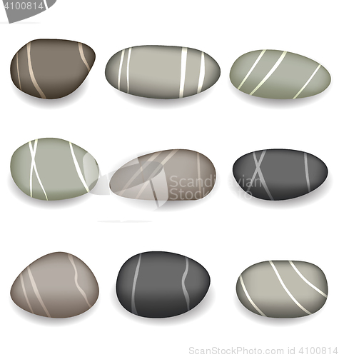 Image of Set sea pebbles with shadows on white background