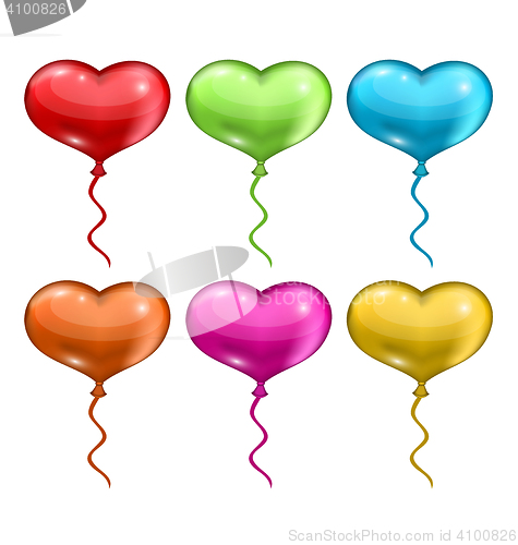 Image of Set colorful balloons in the shape of hearts isolated on white b