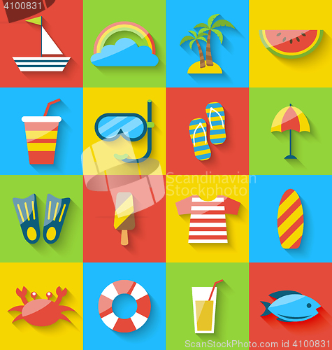 Image of Flat icons of holiday journey, summer symbols, sea leisure, colo