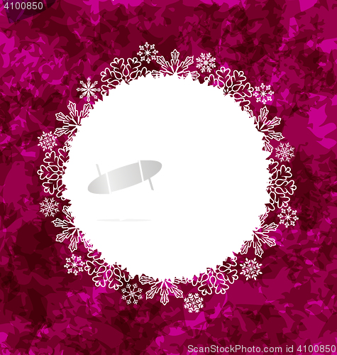 Image of Christmas round frame made in snowflakes on grunge background