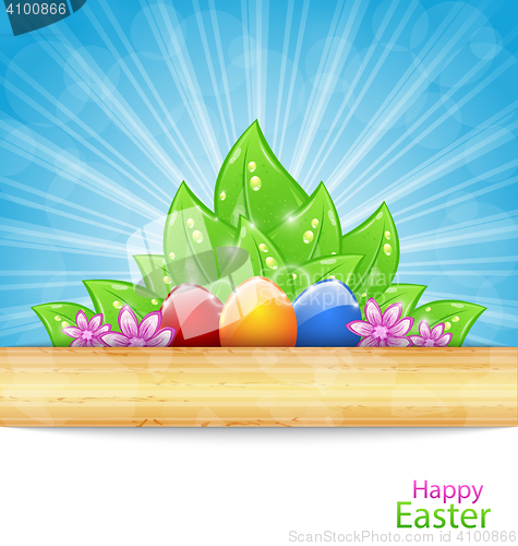 Image of Easter Background with Eggs, Leaves, Flowers