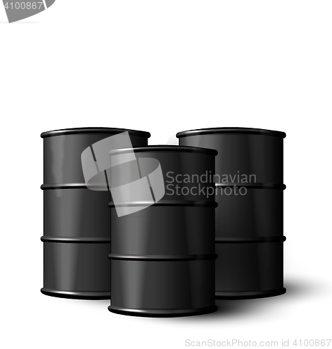 Image of Three Realistic Black Metal of Oil Barrels Isolated 