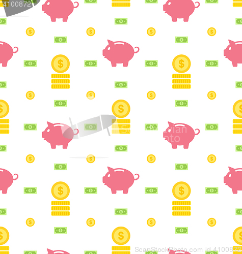 Image of Seamless Pattern with Moneybox, Bank Notes, Coins, Flat Finance Icons