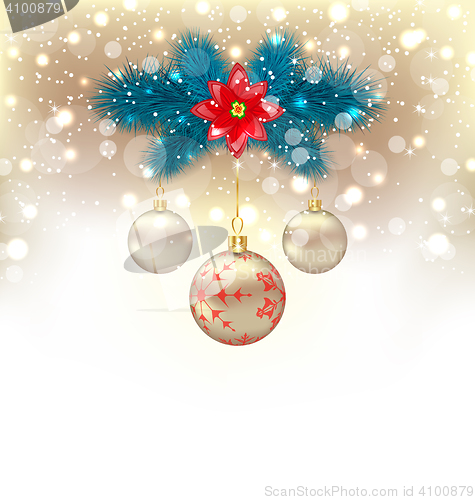 Image of Christmas gliwing background with fir branches, glass balls and 