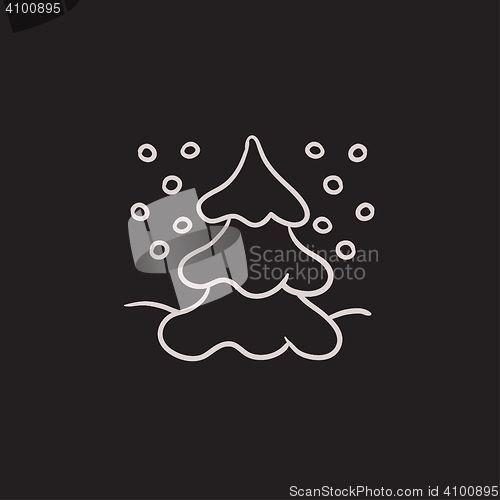 Image of Christmas tree covered with snow sketch icon.