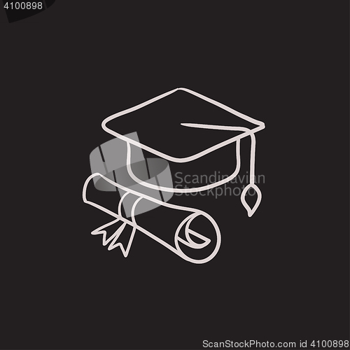 Image of Graduation cap with paper scroll sketch icon.