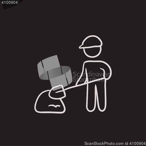 Image of Man with shovel and hill of sand sketch icon.