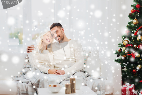 Image of happy couple at home with christmas tree