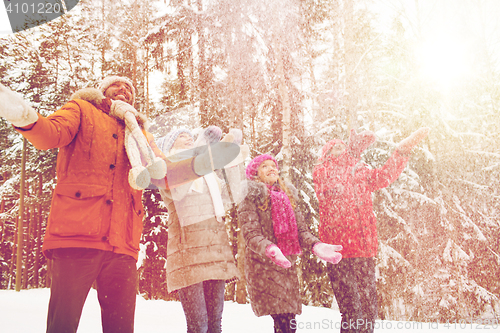 Image of group of smiling men and women in winter forest