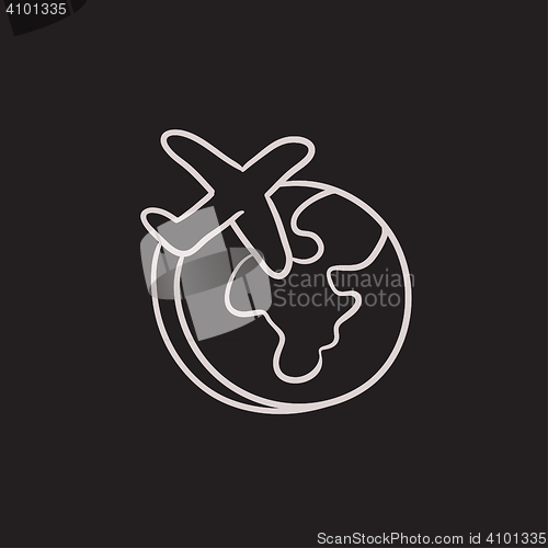 Image of Airplane flying around the world sketch icon.
