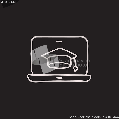 Image of Laptop with graduation cap on screen sketch icon.