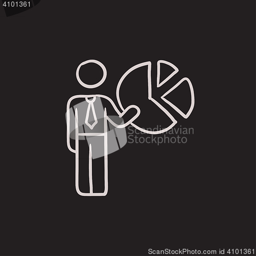 Image of Businessman pointing at the pie chart sketch icon.