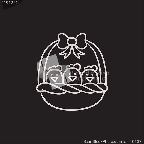 Image of Basket full of easter chicks sketch icon.