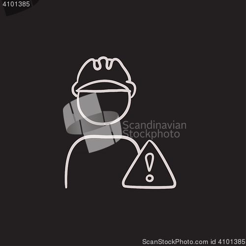 Image of Worker with caution sign sketch icon.