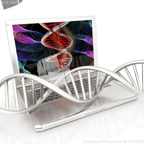 Image of Laptop with dna medical model background on laptop screen. 3d il