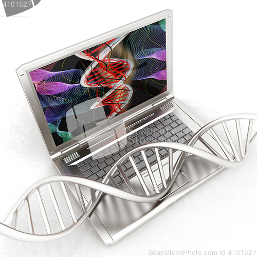 Image of Laptop with dna medical model background on laptop screen. 3d il