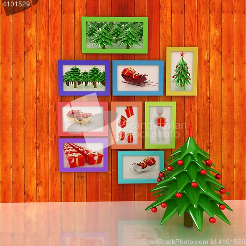 Image of Mock up poster on the wood wall with christmas tree and decorati