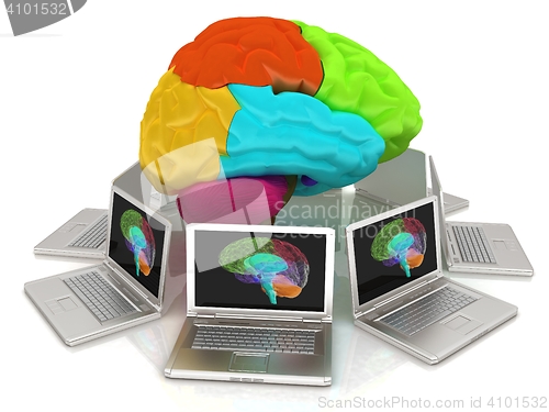 Image of Computers connected to central brain. 3d render