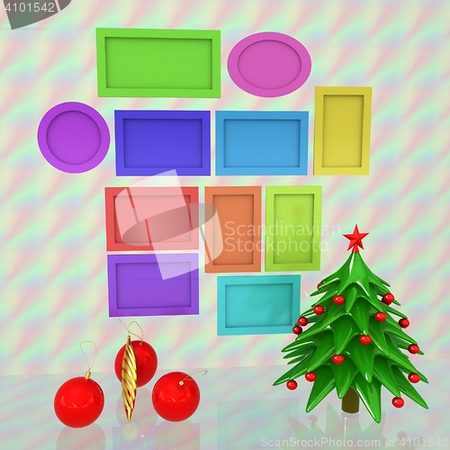 Image of Set of Christmas and New Year frames and Christmas tree. 3D rend