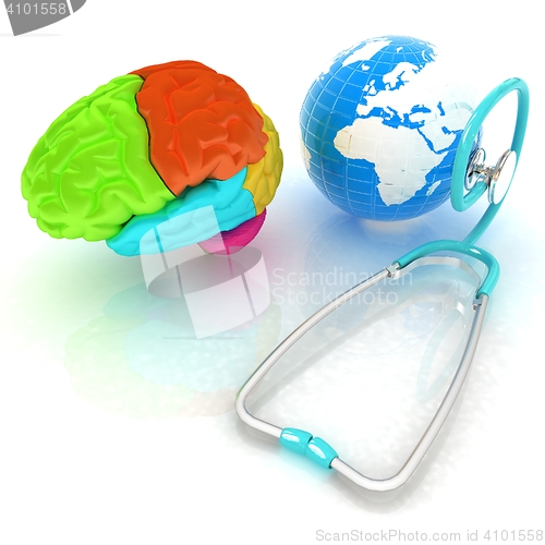 Image of stethoscope, globe, brain - global medical concept. 3d illustrat